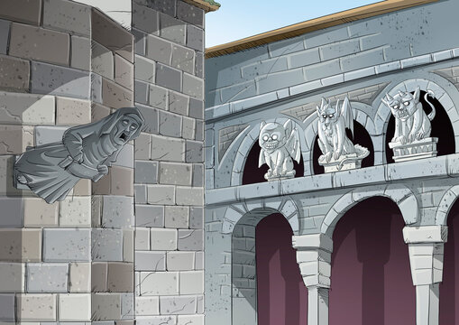 Gargoyle scene in a cathedral, illustration
