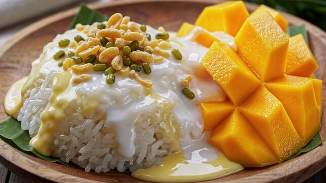 Delicious Mango Sticky Rice with Coconut Milk and Toppings on a Wooden Plate, Authentic Southeast Asian Dessert