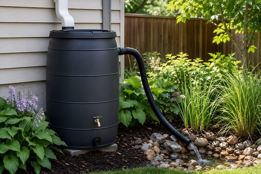 Black rain barrel system with spigot and downspout diverter in garden