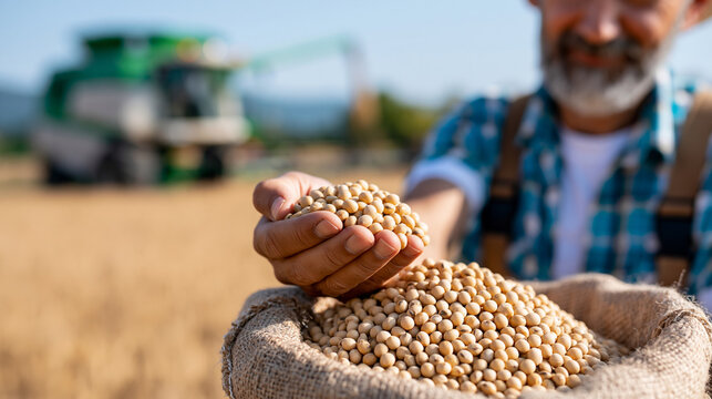 Faceless farmer carefully examining freshly harvested soybeans in burlap sack with combine harvesting golden field in background under bright sunny sky, grain quality concept,