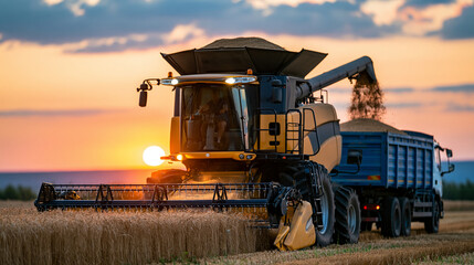Fototapeta premium Combine harvester dumping harvested wheat into truck at farm during sunset in harvest season, grain logistics concept, agricultural photography, blurred sunset background , with