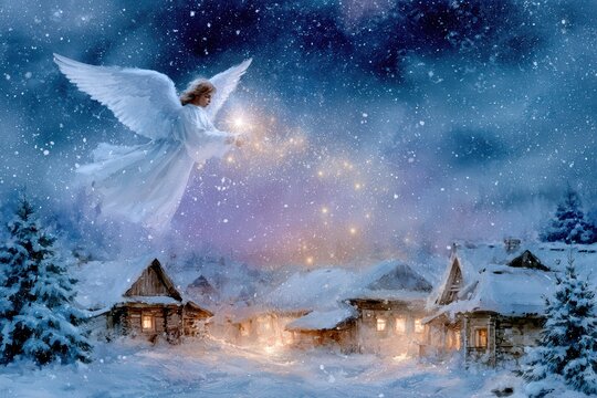 Angel hovering above snowy village, spreading golden light, sparkling magic