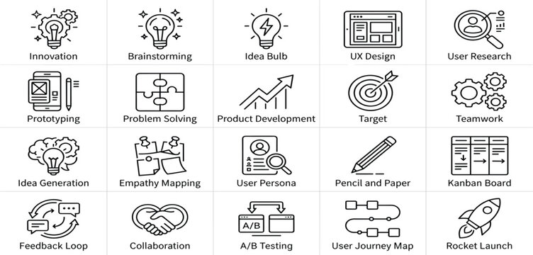 Design Thinking line icons in editable stroke style. Innovation, UX design, brainstorming, user research, prototyping, problem solving, product development collection. Editable stroke. Vector