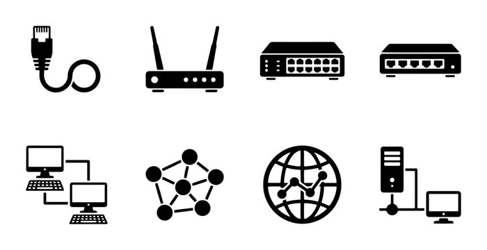 Network Technology Icons: Ethernet Cable, Router, Switch, Server, Computers, Globe Data Flow, Connectivity
