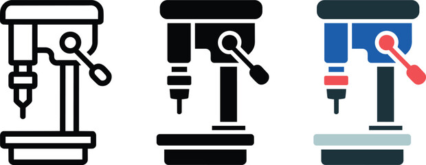 Obraz premium Bench drill press machine icons, industrial workshop equipment symbols, metal drilling tools with various graphic styles and formats and tool