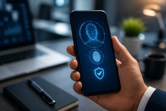Secure mobile authentication face id fingerprint and data protection concept