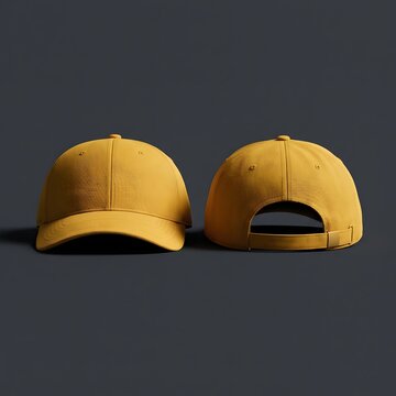 Two yellow baseball caps one facing forward and one backward on dark background