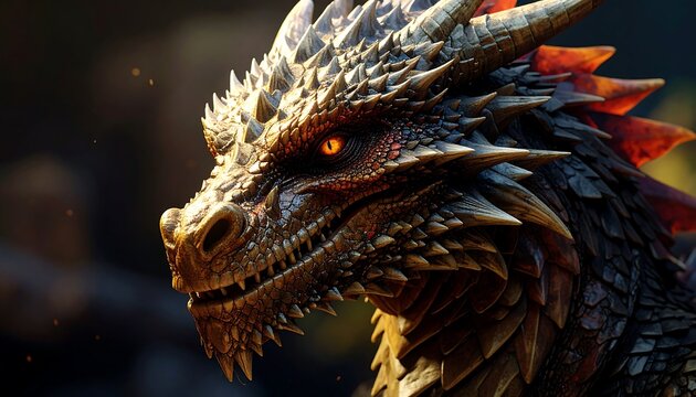 Detailed portrait of a mythical fire dragon with golden scales and glowing orange eyes in a cinematic fantasy setting