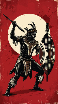 Zulu Warrior with Iklwa Spear and Shield Vintage Tribal Poster Vector Illustration