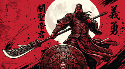 Obraz premium Ancient Chinese General with Guan Dao Vintage Engraved Historical Poster Vector Illustration