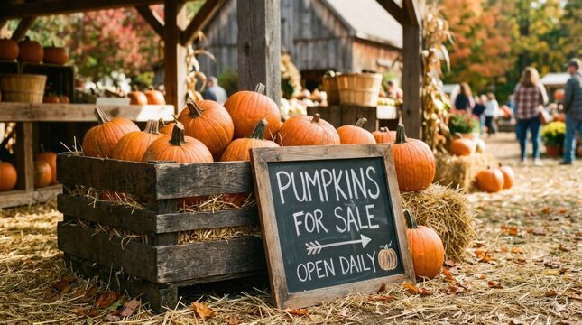 Autumn pumpkin patch display with sale sign and harvest decorations
