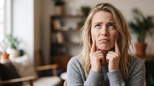 Frustrated blonde woman rolling her eyes with an annoyed expression indoors, expressing boredom and disbelief