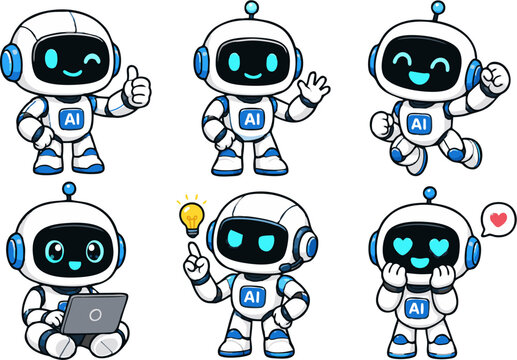 Cute AI robot cartoon character set vector illustration. Friendly artificial intelligence chatbot mascot collection posing with different actions, giving thumbs up, waving, using a laptop, getting an 