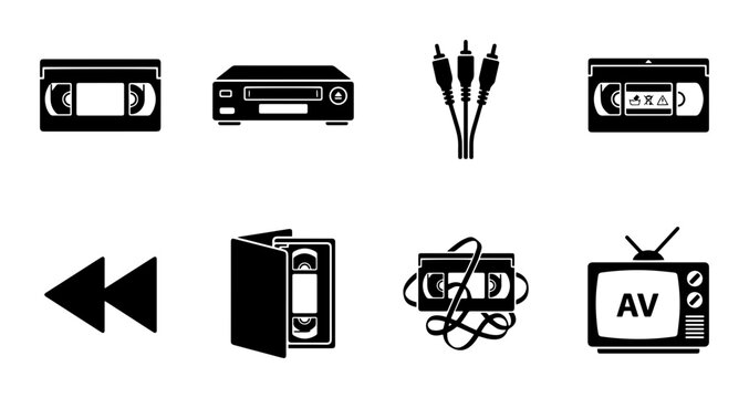 Retro media icons: VCR, VHS tapes, cables, rewind, TV, for vintage technology concepts