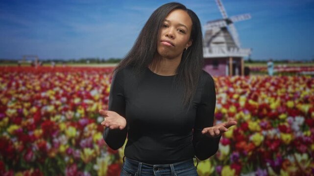 Woman palms up gesture with hands open and slight shrug, eyes closed in a black top and jeans, standing before a tulip field and windmill backdrop in studio; resignation.