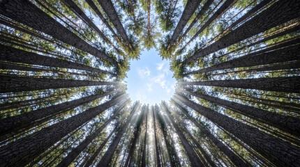 Low angle view looking up at tall pine trees converging in a circle against a blue sky with sunbeams. © Vinn H