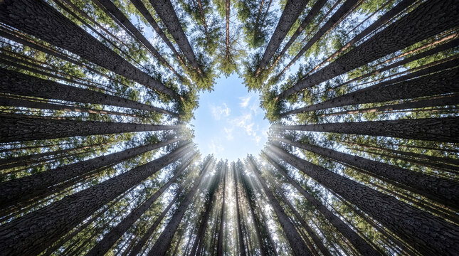 Low angle view looking up at tall pine trees converging in a circle against a blue sky with sunbeams.