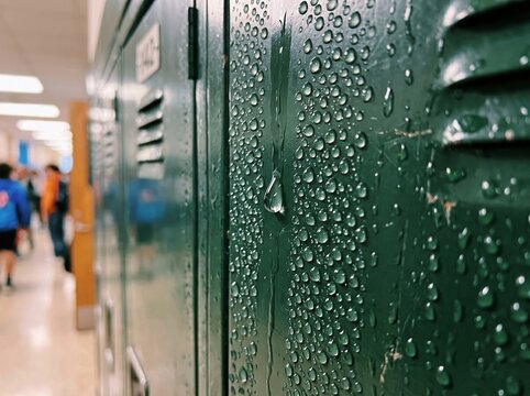 School Hallway Window with Raindrops After Rain