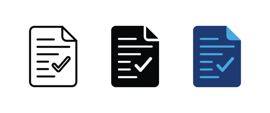 Assignment icon, Test paper check mark symbol, Homework document evaluation graphics, Vector illustration