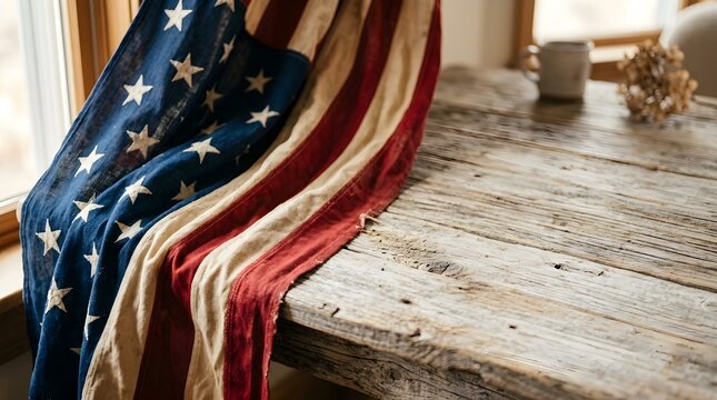 American flag on wooden table, rustic interior