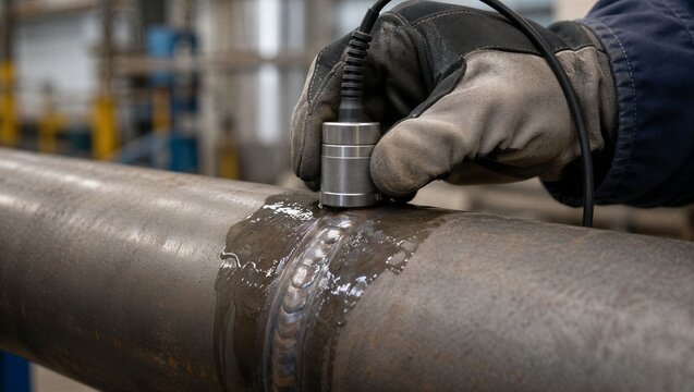 Ultrasonic probe scans a welded steel pipe using couplant. Non-destructive testing, internal defect detection and industrial quality control concept.