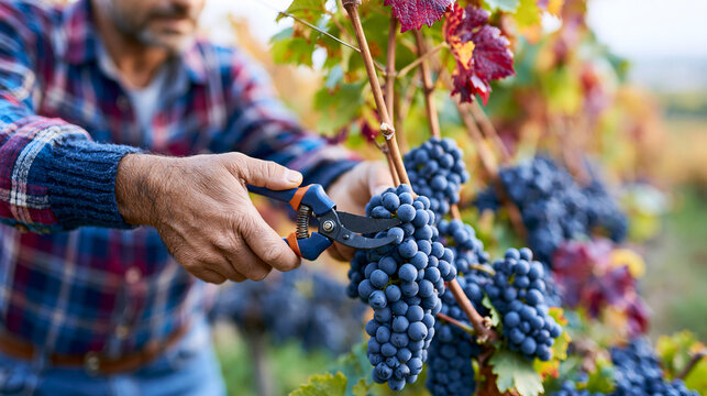 Faceless man harvesting grapes with pruning shears in vineyard during autumn grape picking season, viticulture concept, vineyard photography, blurred vineyard background , with