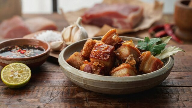 The national dish of the Iluk cuisine. 
Bagnet is pork belly that is boiled for a long time, dried, and then deep&mdash;fried twice until the skin begins to crunch insanely.