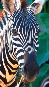 Striking close-up portrait of a zebra head with black and white stripes