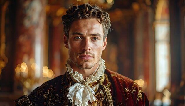 Handsome nobleman in ornate historical costume standing in a grand palace ballroom