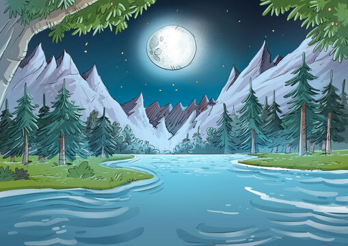Night forest landscape with a lake and the moon, illustration