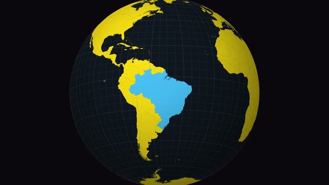 Brazil map. Animated zoom into the country on the Globe in Charcoal Bright Yellow color palette. Country logo animation. Map with meridians, parallels. Appealing video.