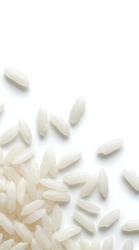 White rice grains scattered on isolated background, ready for food packaging, culinary design, restaurant menus, and cooking-related marketing materials.