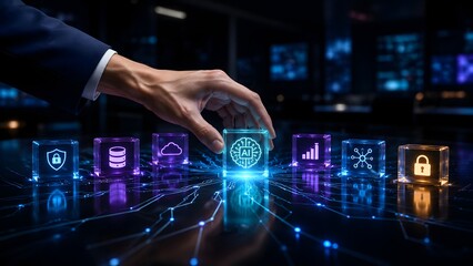 Fototapeta premium Businessman's hand integrates AI technology into a futuristic digital ecosystem, connecting data, cloud, and security for business growth.
