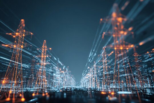 Electric power grid at night with glowing lines and towers.