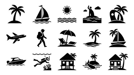 Obraz premium Black icons of tropical travel vacation.