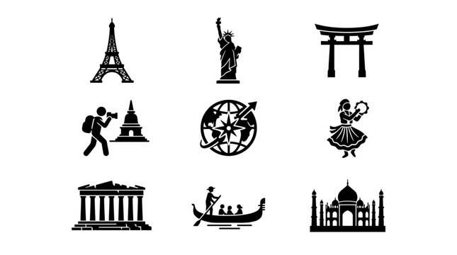 Black icons of famous landmarks travel.