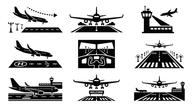 Airplane icons on airport runway.