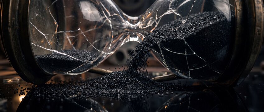 Close up view of shattered hourglass glass fragments and spilled black sand on dark floor with mechanical gears in background