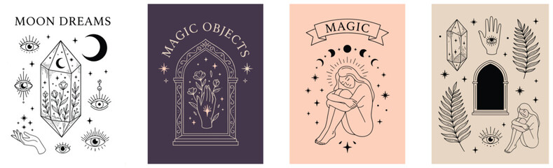 Set of mystical posters featuring esoteric magic objects moon phases crystal and celestial line art © IconicCreations