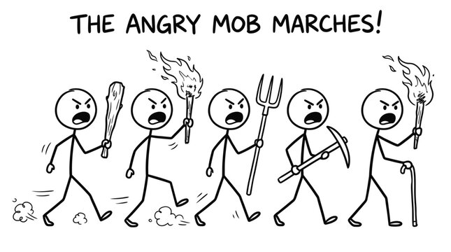 Black and white vector illustration showing a group of angry stick figures marching with weapons