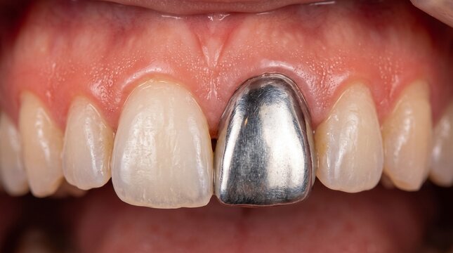 Close-up of human upper teeth showing a metal dental crown on a central incisor
