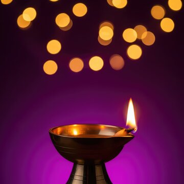 A stunning festive scene featuring traditional glowing oil lamps set against a deep purple gradient background with warm light and bokeh, celebration, holiday, seasonal