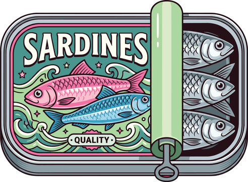 Vintage style vector illustration of an open tin can of premium canned sardines with retro fish label packaging
