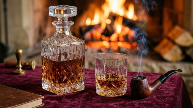 Crystal whiskey decanter and glass sit on a velvet table beside the fireplace.