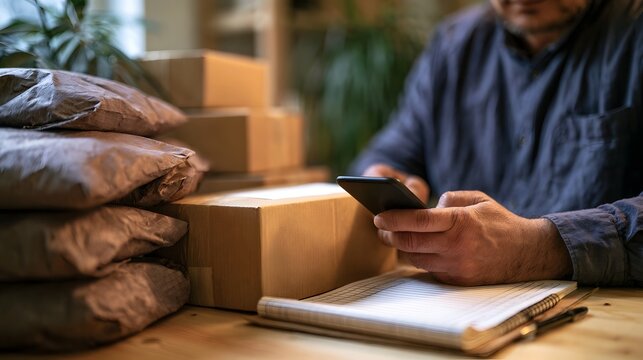 A person reviewing digital orders while surrounded by stacked cardboard boxes and brown paper packages on a wooden table