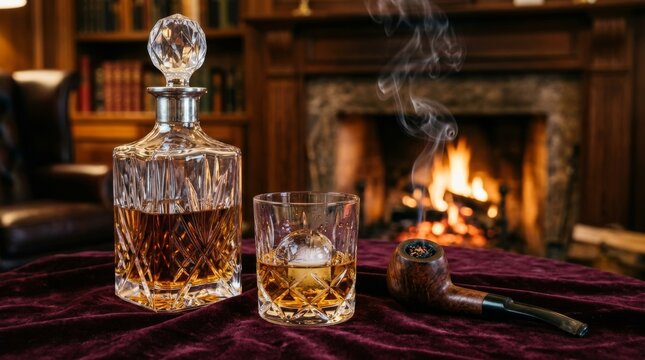 Crystal decanter and glass of whiskey beside a smoking pipe near a fireplace.