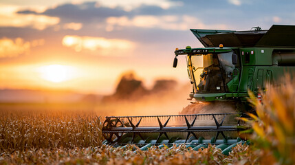Fototapeta na wymiar Green combine harvester operating in field of ripe corn during golden sunset raising dust while harvesting crop in rural countryside setting, corn harvest concept, agricultural