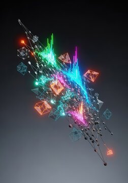 Abstract digital view of a skewed data network with uneven glowing connections and distorted geometric shapes representing algorithmic error, abstract, machine, skewed