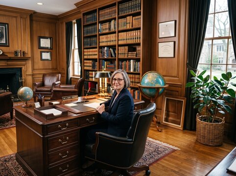 Confident School Principal in a Classic Office with Bookshelves and Desk