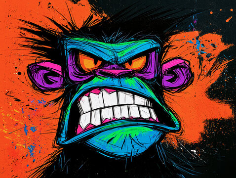 Angry monkey baring teeth, vibrant paint splatters, aggressive expression, street art style